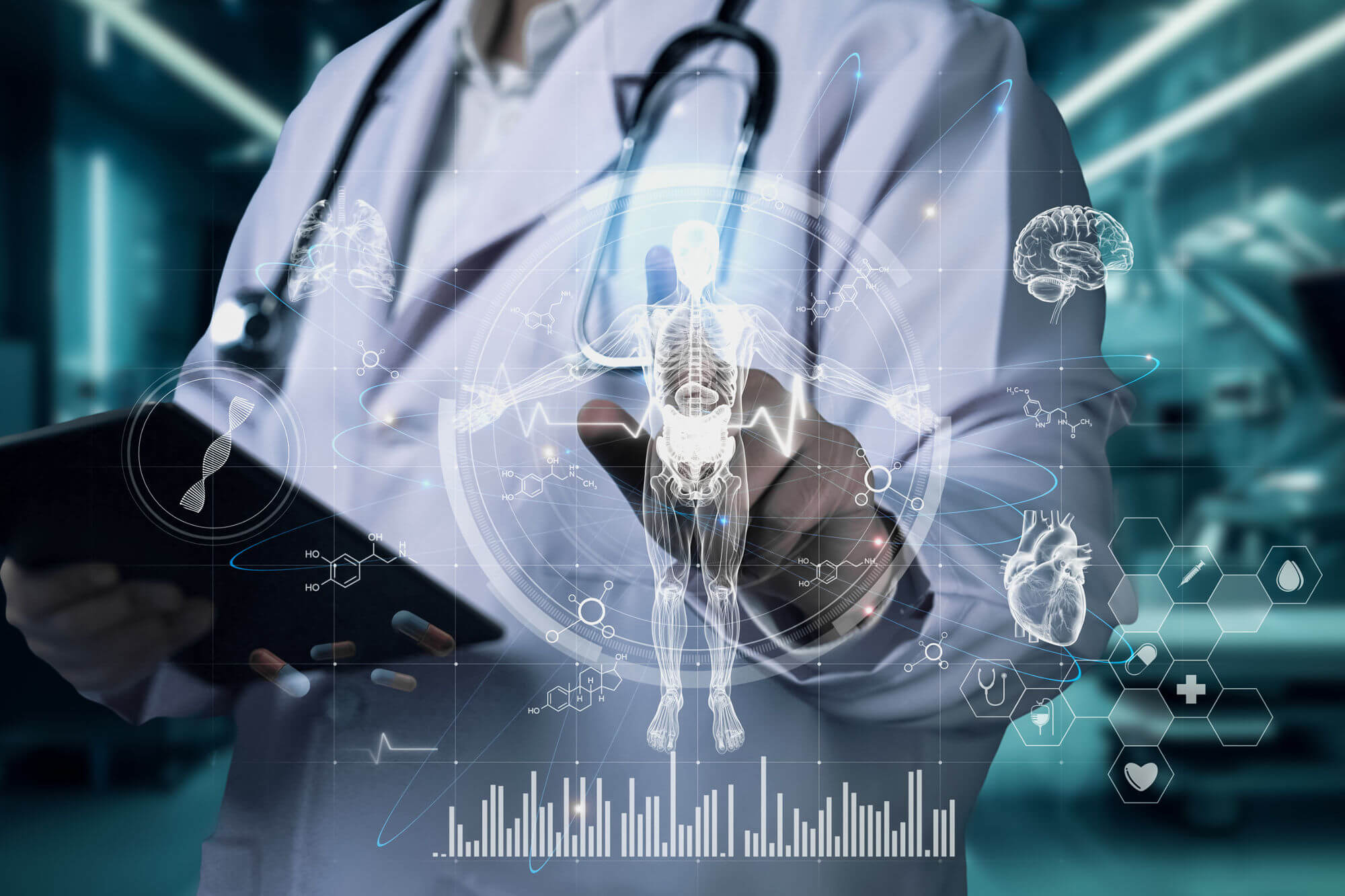 Close up of a doctor holding tablet while pointing at human anatomy hologram