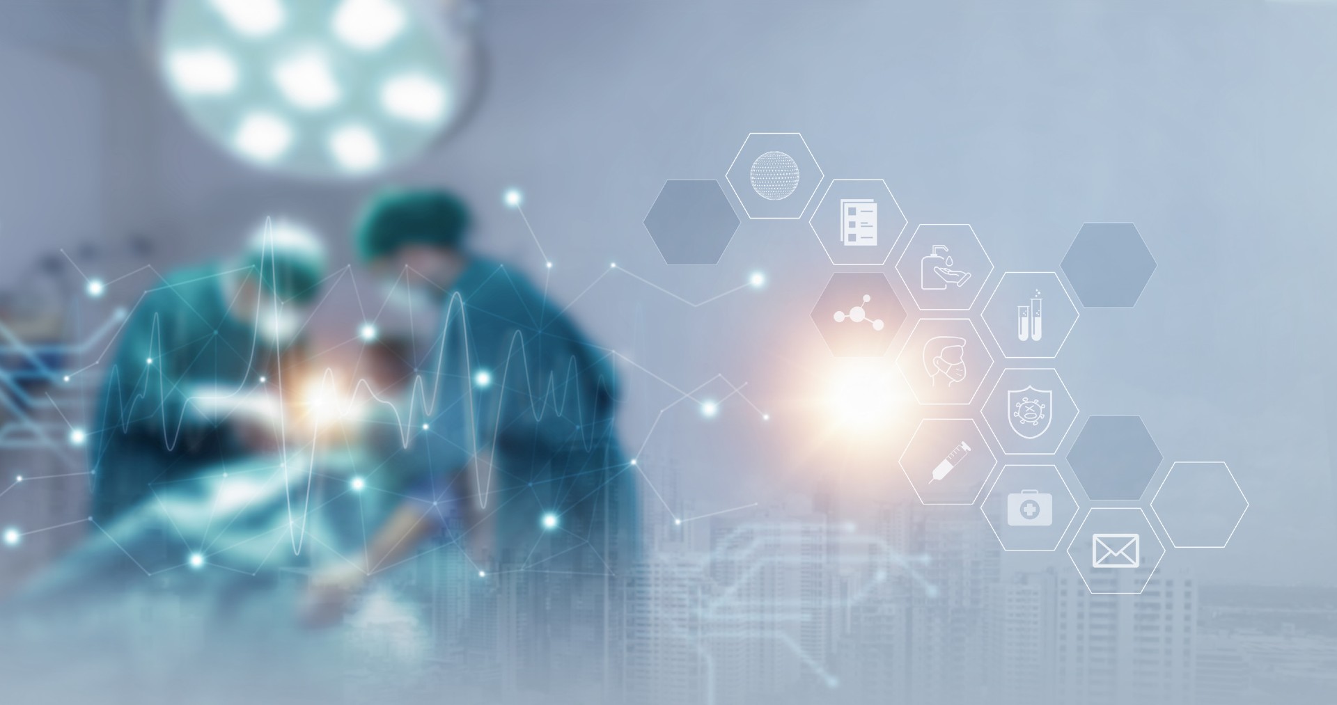 Young doctor in modern hospital analyzing data on various screens