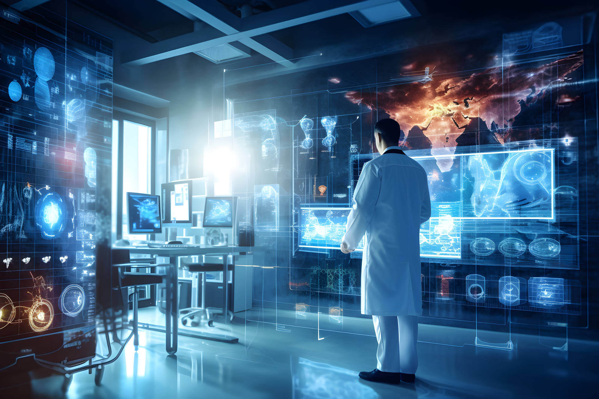 Young doctor in modern hospital analyzing data on various screens