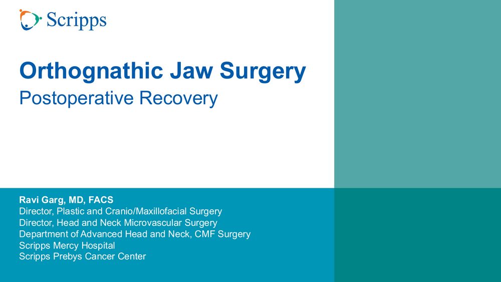 First page of the Orthognathic Jaw Surgery Postoperative Recovery guide by Ravi Garg, MD, FACS.